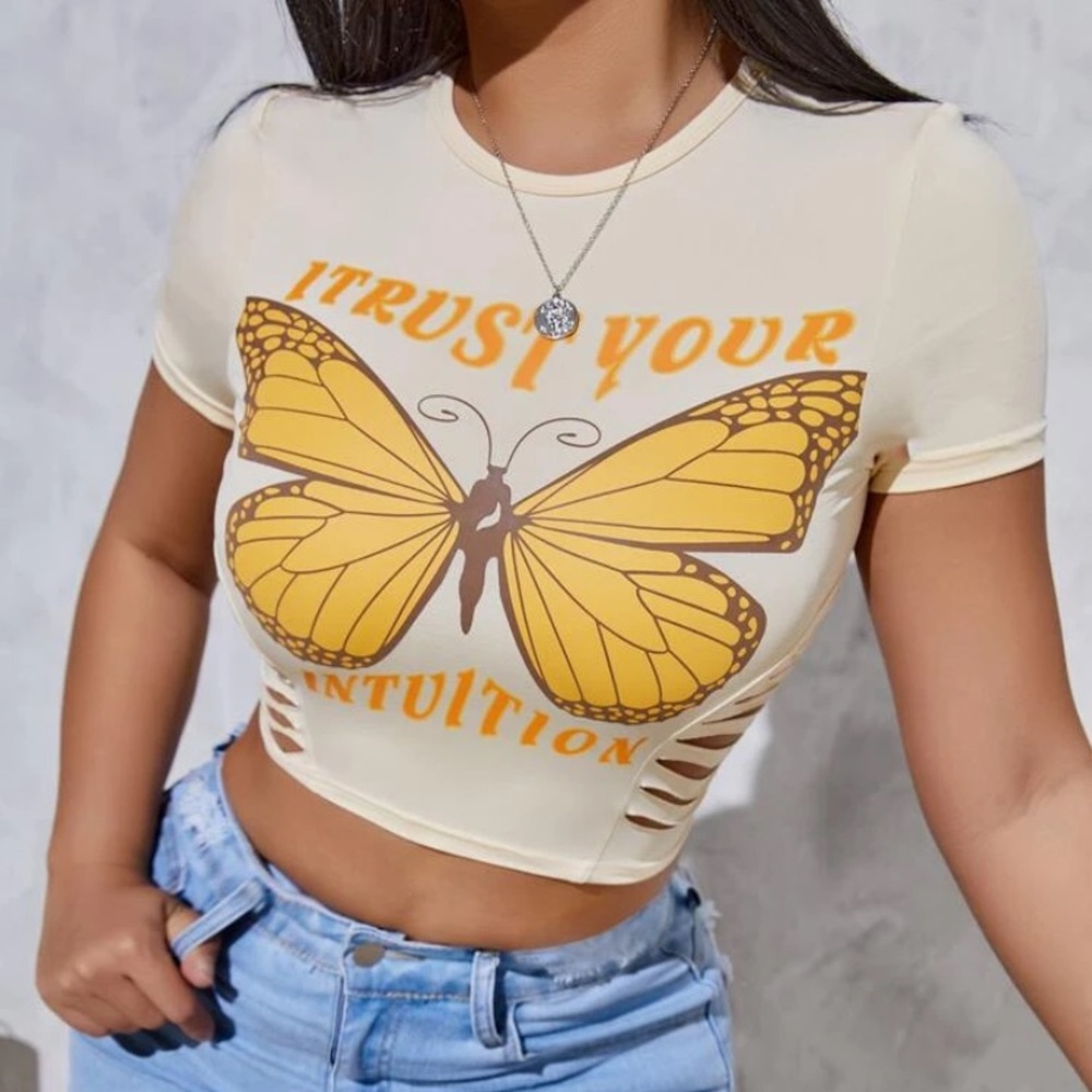 Letter & Butterfly Ripped Crop Tee ( I trust your intuition)